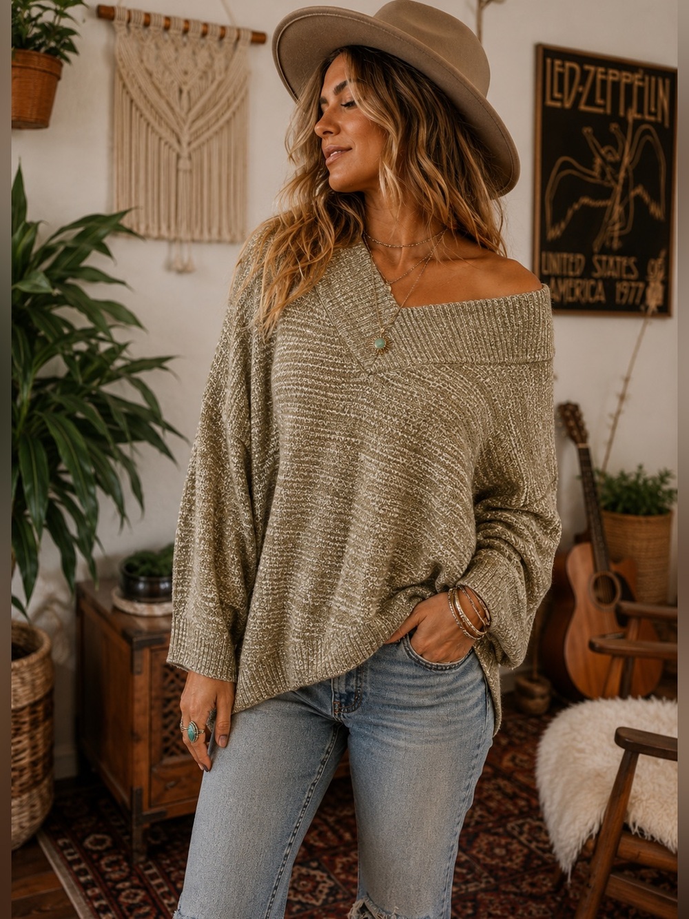 Zenana Outfitters Off-the-Shoulder Sweater in Olive